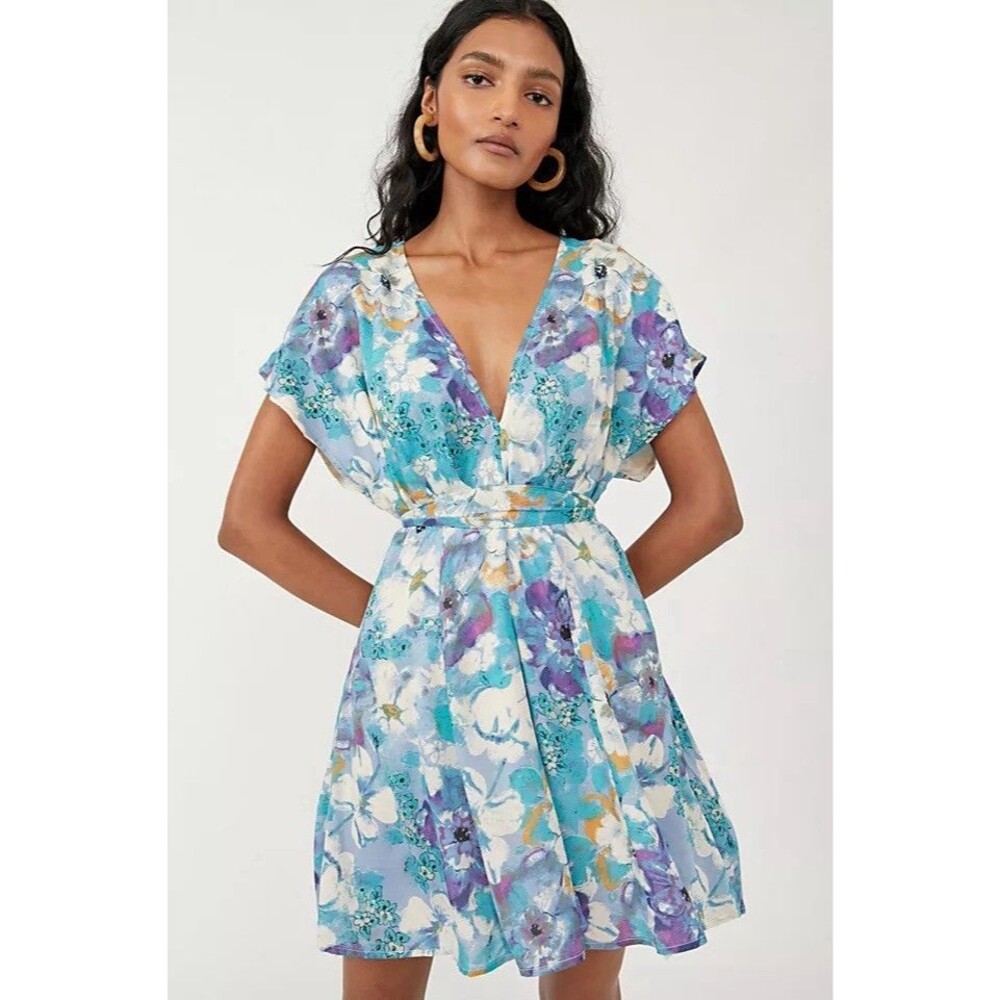 Free People Freddy Tie Blue Floral Printed Short Sleeve Mini Dress Large No Belt